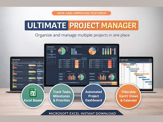 Project Management Excel Template | Task Tracker, Gantt Chart, Project Dashboard | Project Planner Spreadsheet | Digital Download