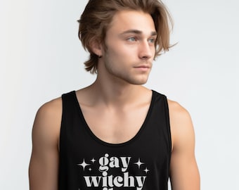 Tanktop mit schwul-hexenhaftem Flair | LGBTQ-Pride-Tanktop | Sommer-Shirt mit Hexen-Motiv | Tanktop für queere Festivals | Tanktop mit Retro-Grafik
