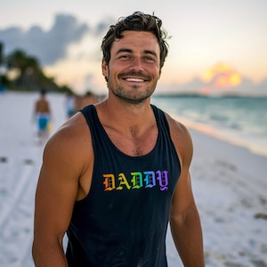 Daddy Tank Top in Rainbow Old English Lettering - Bold LGBTQ+ Pride Apparel for Gay Men