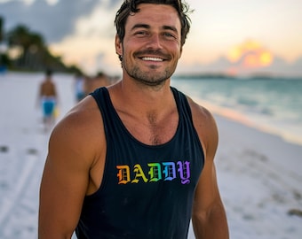 Daddy Tank Top in Rainbow Old English Lettering - Bold LGBTQ+ Pride Apparel for Gay Men