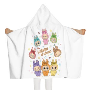 labubu youth hooded towel, kawaii monsters towel, labubu is coming, trending cartoon character, funny monsters, cute monster bath