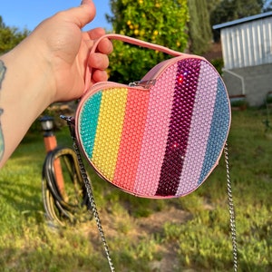 Custom bedazzled rhinestone rainbow heart cross body purse/bag with chain strap