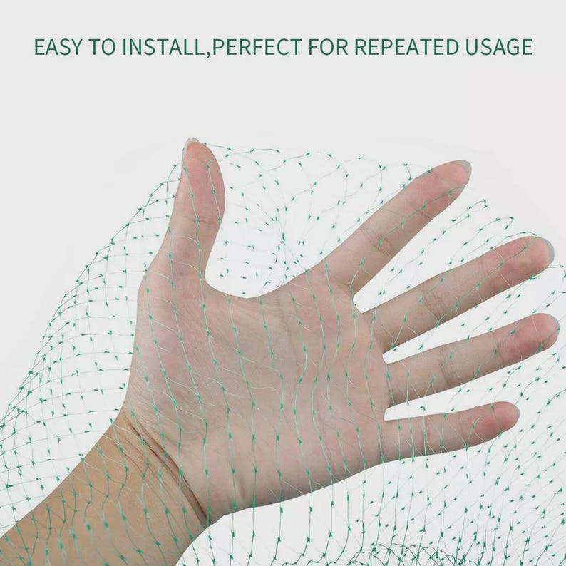 May include: A green mesh net is held open by a hand. The net has a grid-like pattern with small knots at each intersection. The text "EASY TO INSTALL, PERFECT FOR REPEATED USAGE" is at the top.