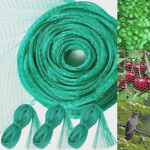 May include: Green netting in a large roll and three smaller rolls. The netting is a vibrant green color, with a diamond-shaped mesh pattern. The image also shows the netting protecting cherries and a bird.