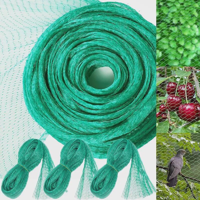 May include: Green netting in a large roll and three smaller rolls. The netting is a vibrant green color, with a diamond-shaped mesh pattern. The image also shows the netting protecting cherries and a bird.