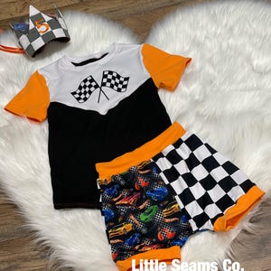 Race Car Birthday Lounge Set Toddlers and Infants Sizes Newborn to 6T - Shirt, Shorts, and Crown - Handmade - Boys Club Boutique