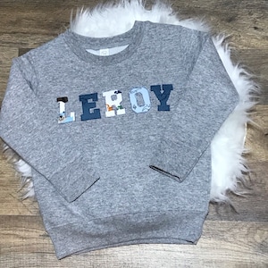 May include: A gray sweatshirt with the name "LERROY" spelled out in colorful fabric letters.