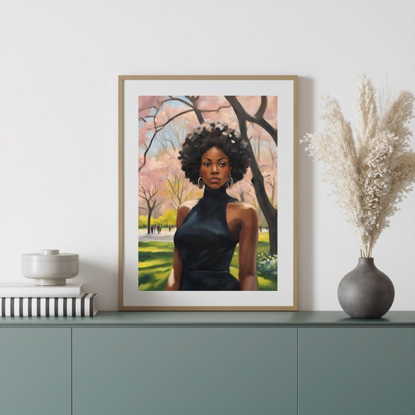 Springtime portrait of a glamorous black woman, woman art, digital art, instant download, home decor, wall art