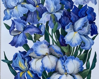 Original Watercolour Painting/ Blue Iris Flowers/Original Artwork/Botanical Art