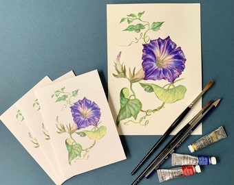 Floral Greeting Cards/ Blue Bindweed Flower/ 4"x6"/ Watercolour Painting/Botanical Illustration/A6/Blank Inside