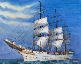 Pintura original de acuarela y tinta/Pintura de velero antiguo/Ilustración de velero en acuarela/Arte de pared de paisaje marino en acuarela