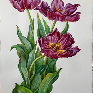 Pittura ad acquerello originale/Fiori di tulipano viola/Illustrazione botanica/Arte da parete floreale ad acquerello/14,5"x22"