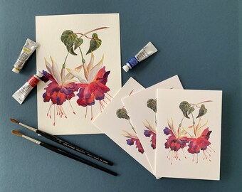 Floral Greeting Cards/ Purple Fuchsia Flower/ 4"x6"/ Watercolour Art/Botanical Illustration/ A6/Blank Inside