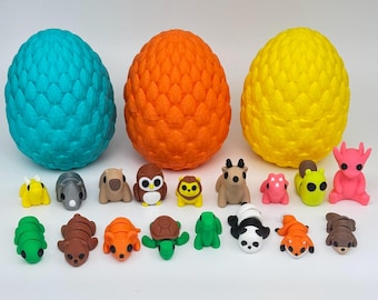 May include: A set of 17 small animal figurines, including a turtle, a panda, a fox, a deer, a cat, a bird, a squirrel, and more. The figurines are arranged in front of three colorful egg-shaped objects.