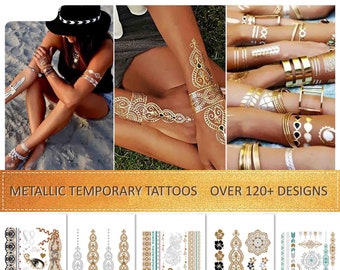 Metallic Temporary Tattoos 120+ for Women Teens Girls Gold Silver Glitter Flash Waterproof Tattoo Stickers for Beach Festivals & Parties