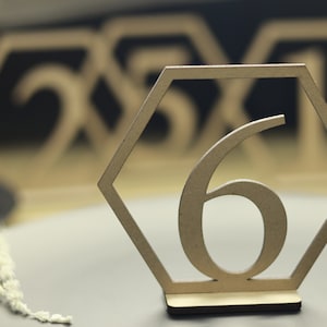May include: A wooden table number in the shape of a hexagon with the number 6 in the center. The table number is on a gray surface with other table numbers in the background.