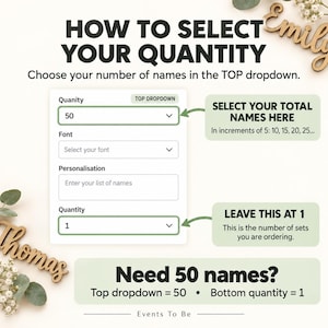 May include: An instructional graphic titled HOW TO SELECT YOUR QUANTITY. It displays a dropdown menu interface with fields for Quantity, Font, and Personalization. Arrows point to specific settings for selecting total names and set quantity.