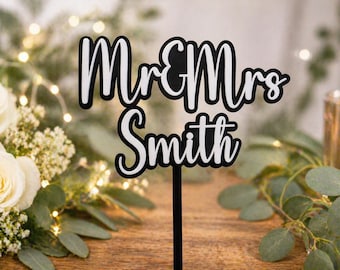 Custom Mr Mrs Acrylic Cake Topper | Black White Wedding Name Sign