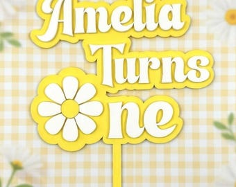 Personalised Daisy "Turns One" Cake Topper | Custom Name Birthday Decoration