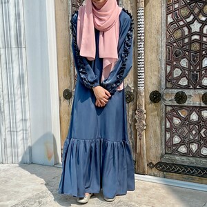 Girls blue satin maxi dress, teen modest formal blue maxi dress, girls fancy blue abaya, Muslim girls long dress, teen fancy blue abaya,