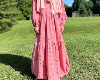Girls Peach Cotton Eyelet Maxi Dress, Modest Formal Wear