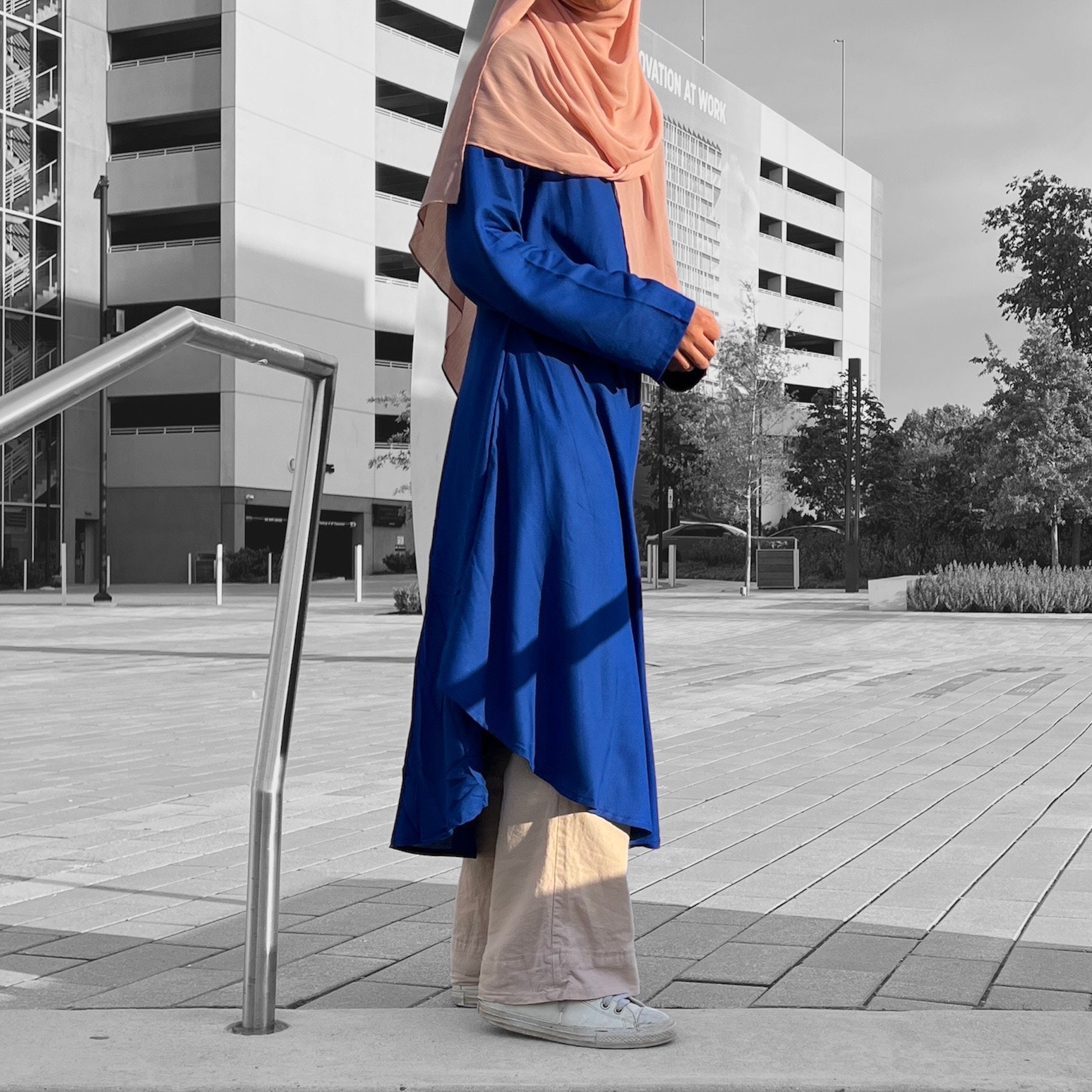 Girls Long Blue Tunic Top, Modest A-Line Shirt, Silver Zipper