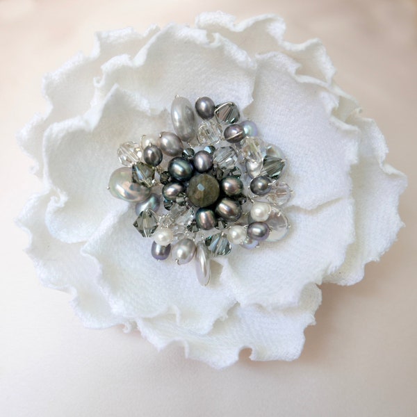 White Linen Flower with Gray Pearls, Gemstones & Crystals. Statement Fabric  Flower Brooch Pin. Wedding Flower Corsage. Summer Hat Flower.