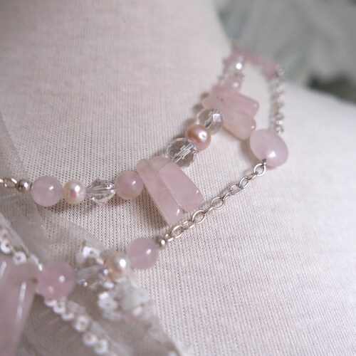 Rose Quartz & Freshwater Pearl Station Long Necklace with Sterling Silver Chain. Wedding Guest, Bridal or Mother of the Bride Necklace shops Set.