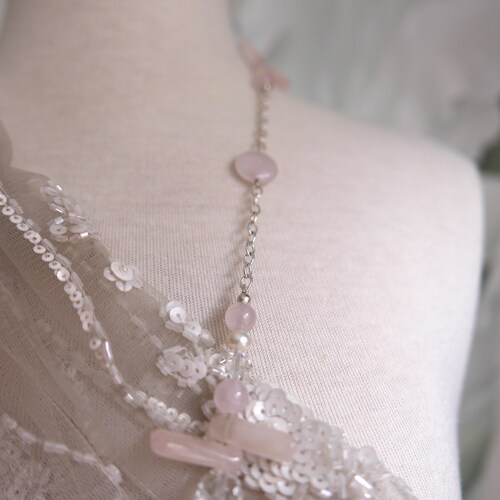 Rose Quartz & Freshwater Pearl Station Long Necklace with Sterling Silver Chain. Wedding Guest, Bridal or Mother of the Bride Necklace shops Set.