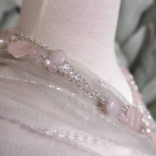 Rose Quartz & Freshwater Pearl Station Long Necklace with Sterling Silver Chain. Wedding Guest, Bridal or Mother of the Bride Necklace shops Set.