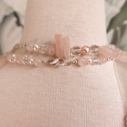 Rose Quartz & Freshwater Pearl Station Long Necklace with Sterling Silver Chain. Wedding Guest, Bridal or Mother of the Bride Necklace shops Set.