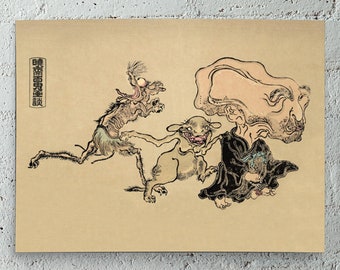 Nurarihyon and Rats Ukiyo-e Art Print: Japanese Folklore Yokai Poster - Monsters and God from Japan - Night Parade of 100 Demons Poster