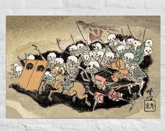 Skeleton Army Japanese Art Print: 12"x18" Kyosai Kawanabe Ukiyo-e Yokai Poster - Night Parade of 100 Demons Woodblock Art from Japan