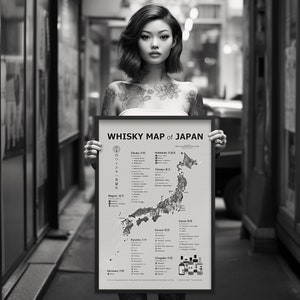 Whisky Map of Japan Poster- Encadré, 44 Whisky Distilleries New & Old, Japanese Bar Whisky Poster, Distillery Map, Yamazaki, Yoichi, Chichibu