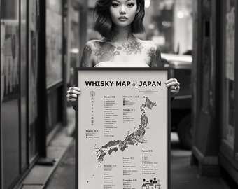 Whisky Map of Japan Poster- Framed, 44 Whisky Distilleries New & Old, Japanese Bar Whisky Poster, Distillery Map, Yamazaki, Yoichi, Chichibu