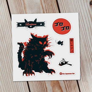Juego de pegatinas de gato japonés BAD KITTY - 5.5x5.5 Neko ronroneando con lindo ratón muerto y pájaro - 7 pegatinas japonesas incluyendo Lucipurr