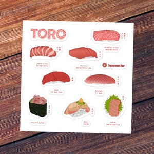 Toro Sushi Sticker Set: 5.5&quot;x5.5&quot;, Over 10+ Japanese Stickers - Otoro Chutoro Toro Nigiri and Sashimi from Bluefin Tuna