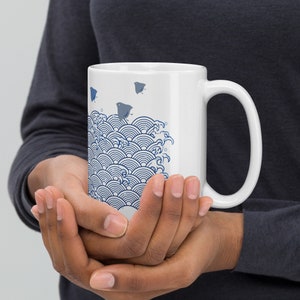Chidori and Seigaiha Japanese Wave Glossy Mug: 15oz (Free US Shipping)