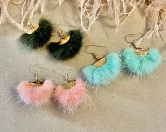 Real fur cute winter earrings, dangle fringe earrings, teal, green or pink fur earrings, Christmas party earrings.