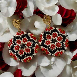 Beaded mandala earrings, beaded large hoops, statement earrings, traditional beaded earrings, boho chic.