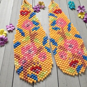 Hand beaded earrings, miyuki seed beads, traditional earrings, yellow flowers earrings , long dangle earrings, pop art.