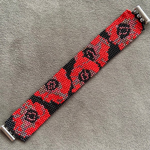 Beaded cuff bracelet, wide panel bracelet, statement bracelet, seed bead bracelet, red bead bracelet, red rose bracelet, .