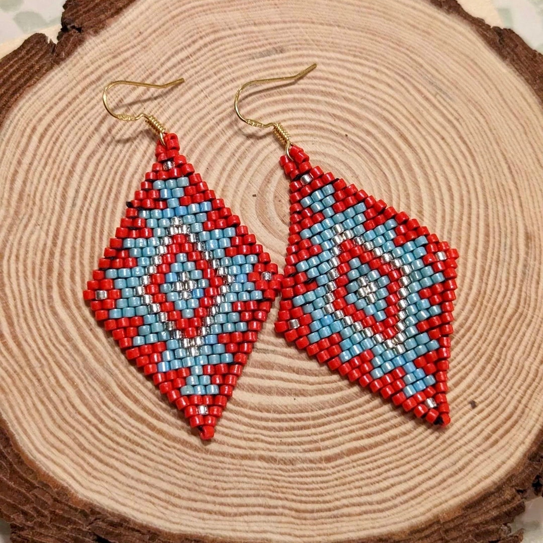 Hand Beaded Earrings, Seed Bead Earrings , Red and Teal Earrings