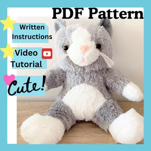 Cutie Cat Plush DIY Sewing Pattern  (Digital File), Written Instructions and Online Tutorial