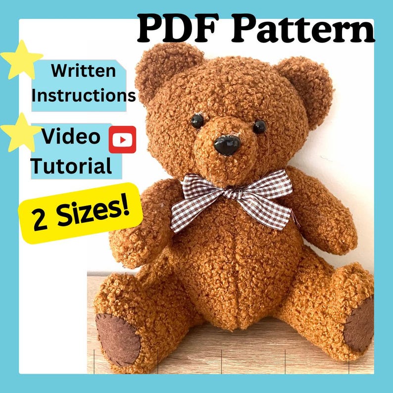 Teddy Bear Sewing Pattern PDF | Plush Bear Pattern | Stuffed Animal Sewing Pattern | Beginner Plush Tutorial image 1