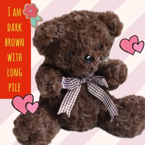 Pu&ograve; includere: Un orsacchiotto marrone scuro con pelliccia lunga e soffice. L'orso indossa un nastro a quadri marrone e bianco intorno al collo. L'orso &egrave; seduto su uno sfondo a strisce rosa e bianche.