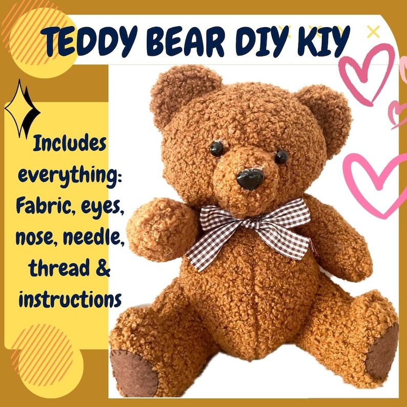 Pu&ograve; includere: Un kit fai-da-te per cucire un orsacchiotto marrone. Il kit include tutto ci&ograve; di cui hai bisogno per creare il tuo orsacchiotto, tra cui tessuto, occhi, naso, ago, filo e istruzioni.  TEDDY BEAR DIY KIY &egrave; scritto nella parte superiore dell'immagine.