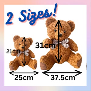 May include: Two brown teddy bears, one large and one small. The large bear is 31 cm tall and 37.5 cm wide. The small bear is 21 cm tall and 25 cm wide.  The bears are both sitting with their paws outstretched.  The text "2 Sizes!" is written in blue letters on a pink background.