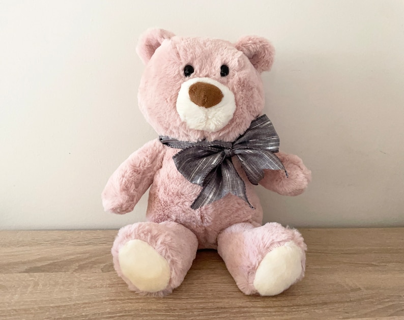 May include: A plush pink teddy bear with a grey and silver bow. The bear has a brown nose and black eyes.