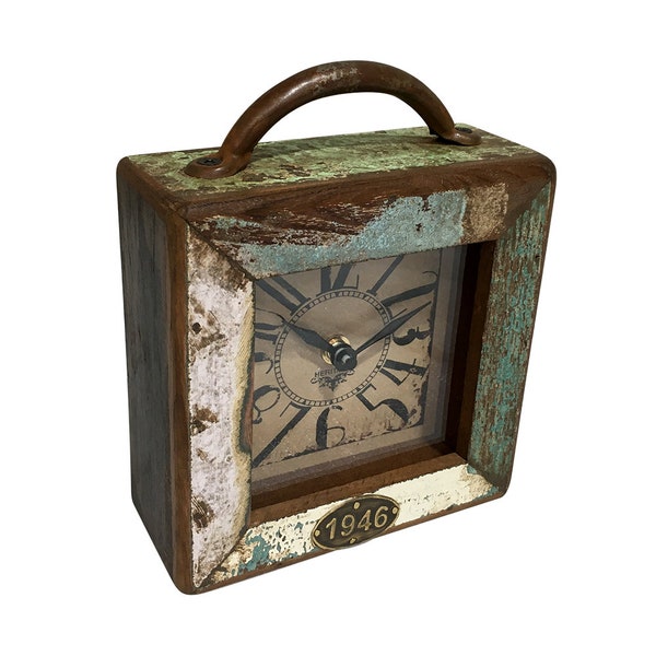 Small Square Table Clock - Made From Recycled Wood | Brass | Fully Functional | AA/AAA Battery Operated